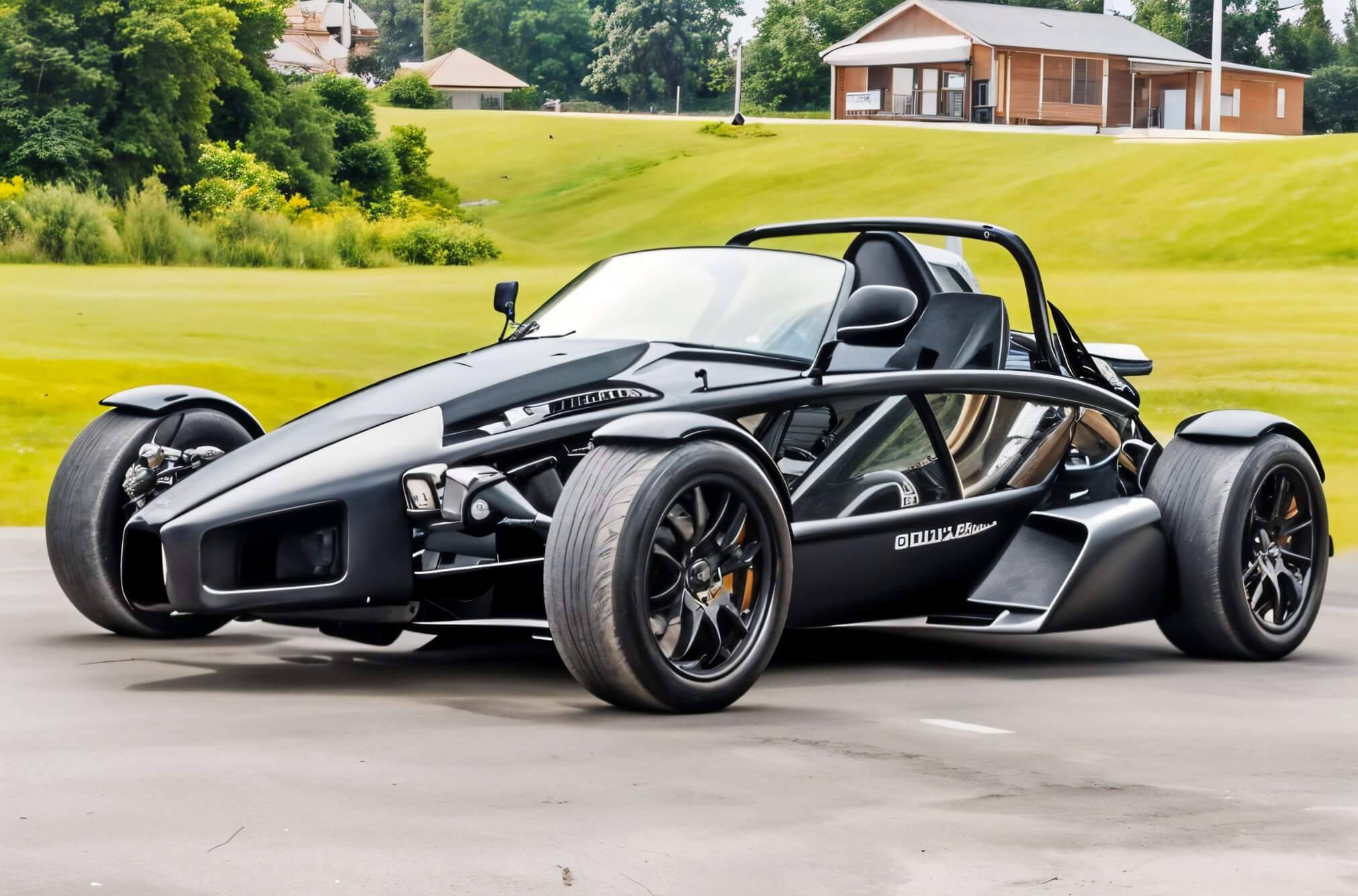 Чёрный спортивный автомобиль Ariel Atom на фоне белого гаража