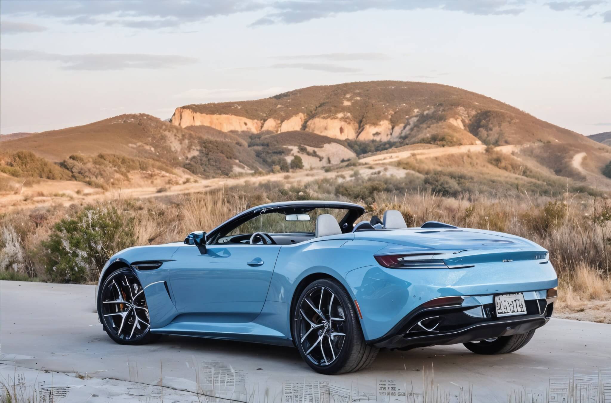 Aston Martin DB12 Volante: синий кабриолет с открытым верхом на фоне пустынных холмов и неба на закате.