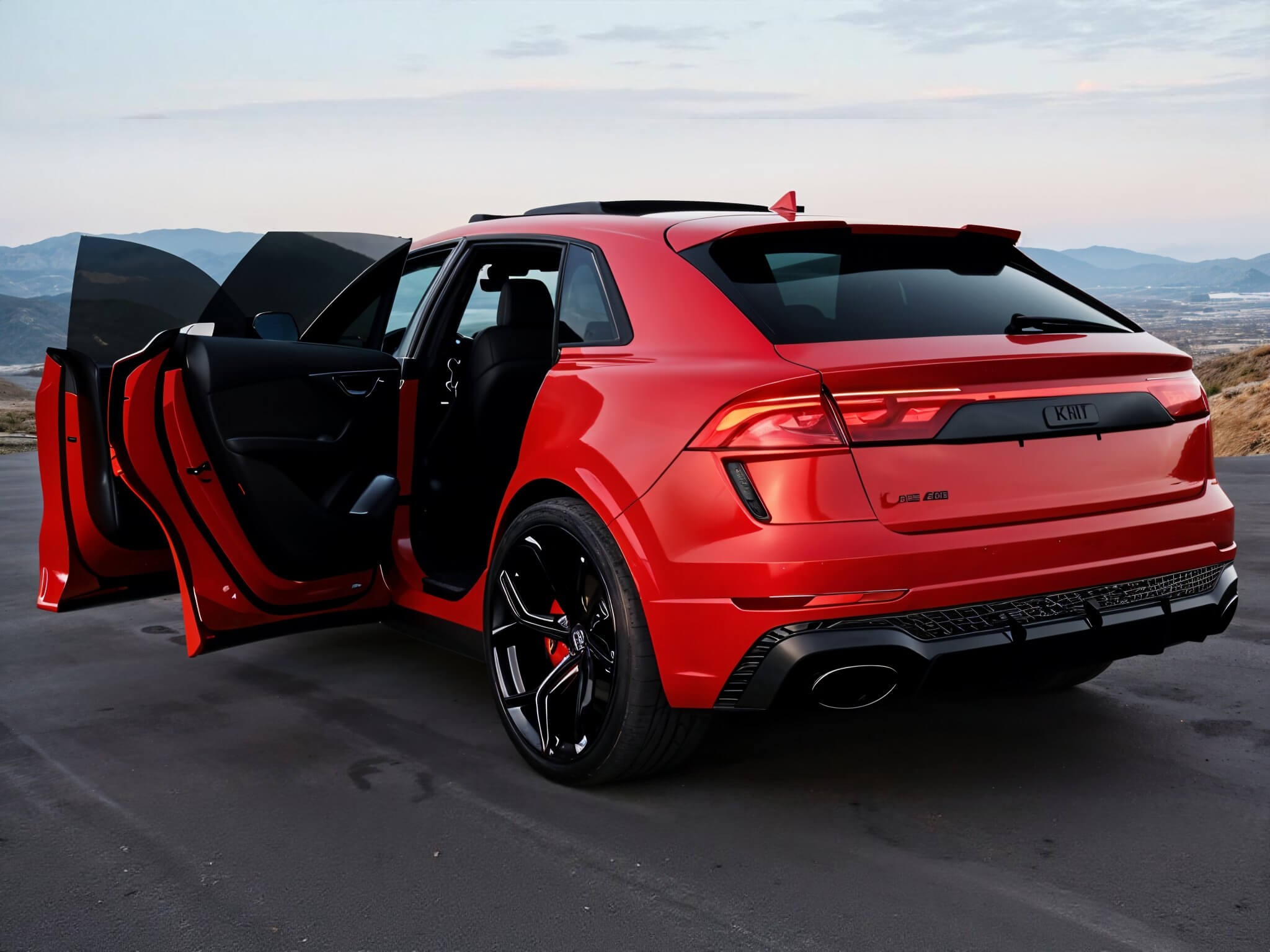 Красный Audi RS Q8 с открытыми дверьми, стоящий на асфальтированной дороге. Виден задний бампер с надписью "RoCars" и мощные черные колеса.