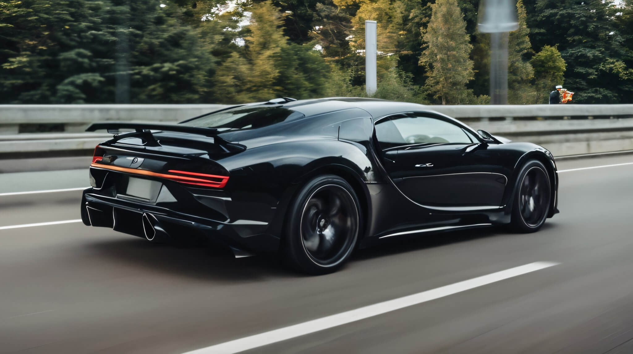 Bugatti Chiron Super Sport: черный гиперкар в движении на трассе среди деревьев.