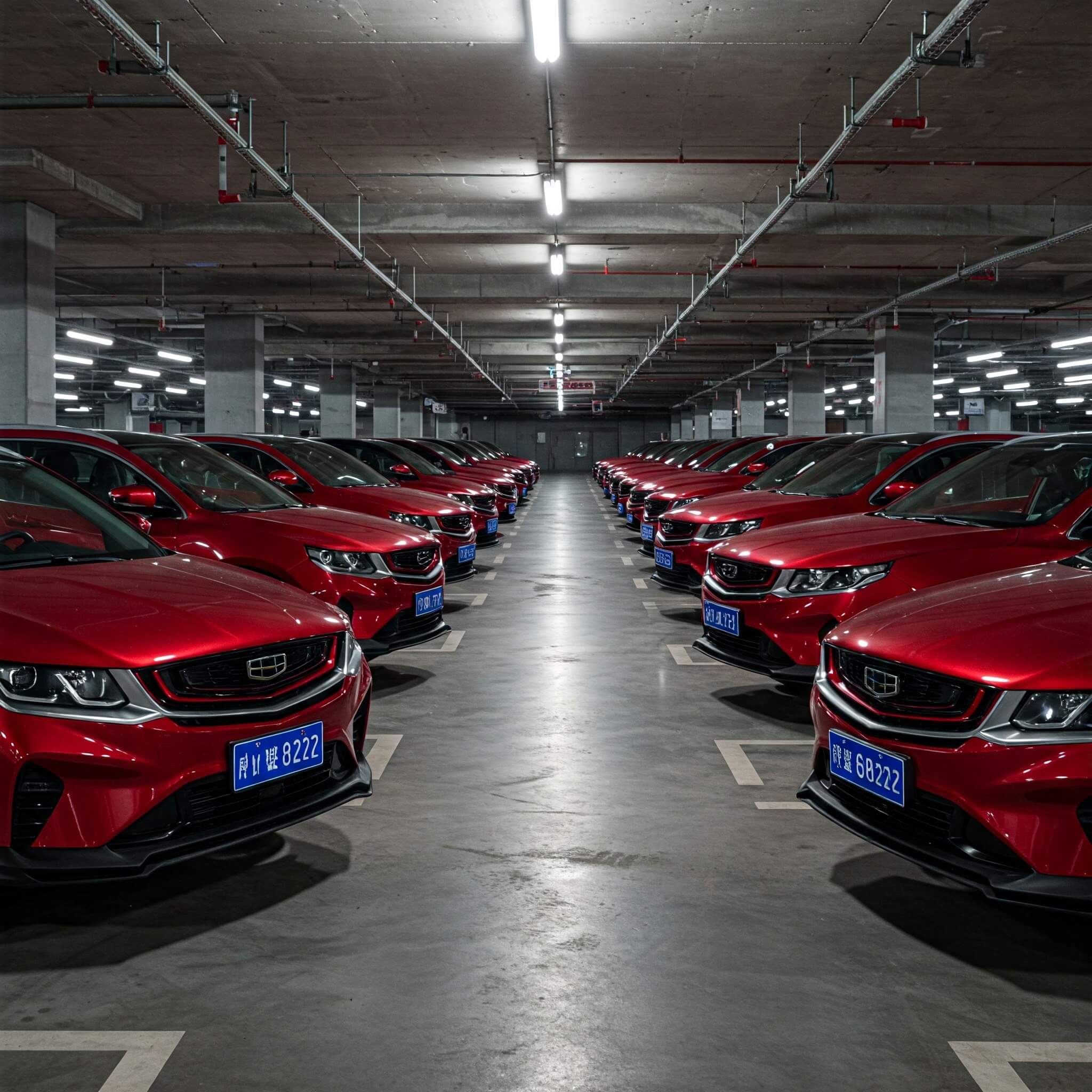 Лизинг китайских авто: группа Geely Coolray припаркована у офиса компании в солнечный день.