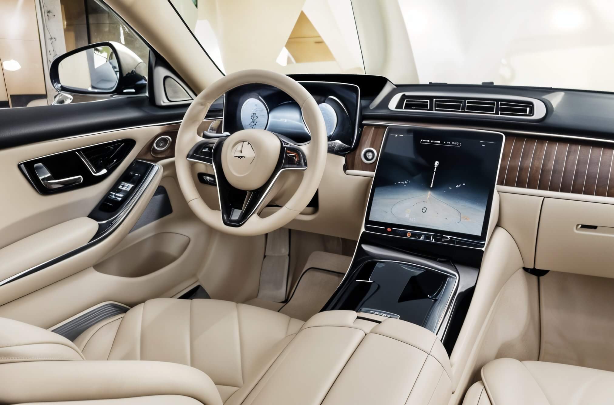Mercedes-Maybach S-Class: роскошный интерьер с бежевой кожей, деревянной отделкой и большим экраном MBUX.