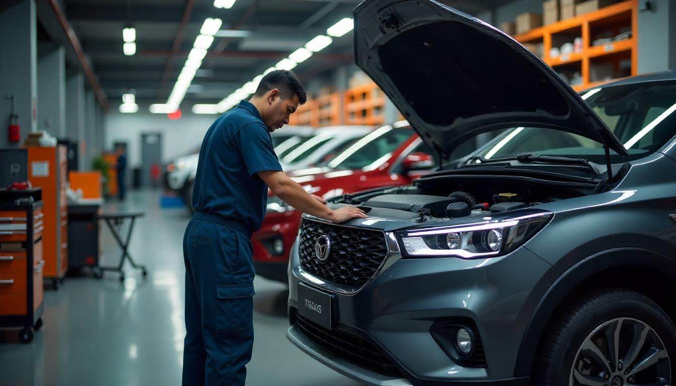 Механик проверяет двигатель китайского кроссовера Chery Tiggo 8 в сервисном центре, подчеркивая важность регулярного обслуживания и доступности запчастей.