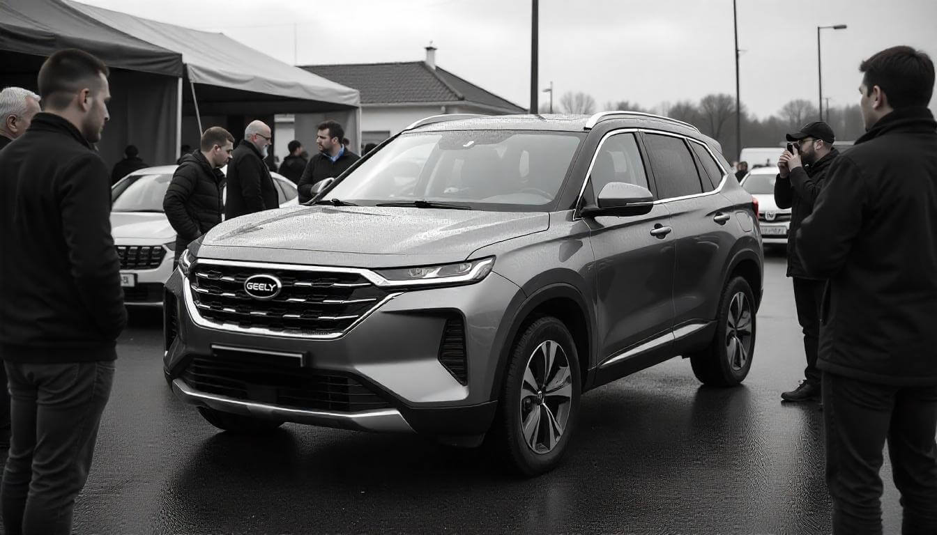 Подержанные китайские авто: Geely 2021 года на рынке с покупателями и продавцом.