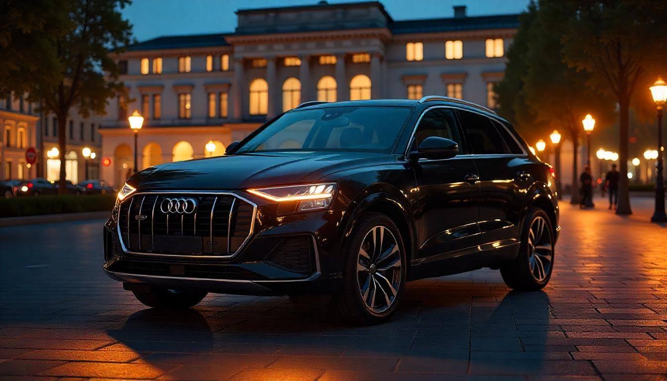 Audi Q8 S-line на площади в Берлине, подчеркивающий элегантный внедорожник в 2025 году.