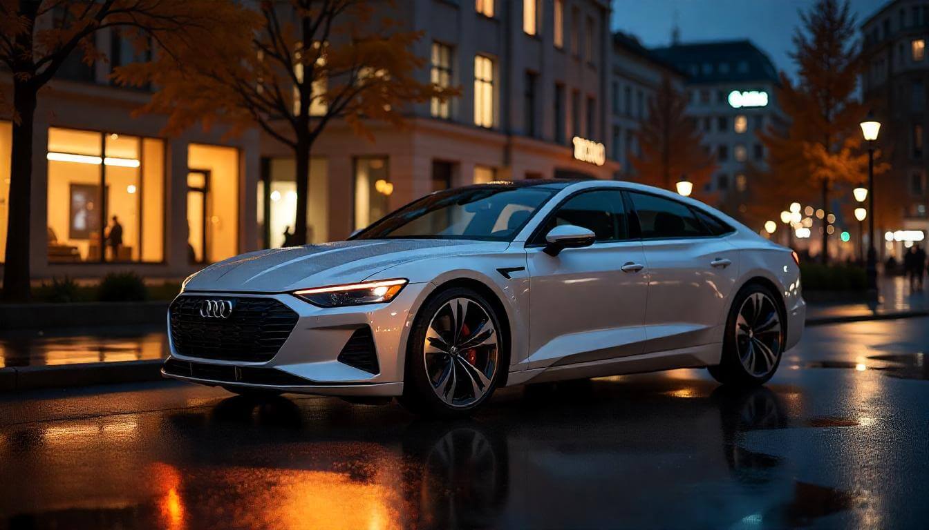 Audi RS e-tron GT на площади в Берлине, подчеркивающий электрическую роскошь в 2025 году.