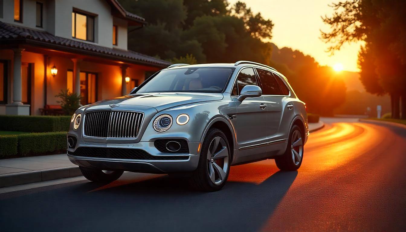Bentley Bentayga у поместья в Калифорнии, подчеркивающий премиальные автомобили и безопасность в 2025 году.