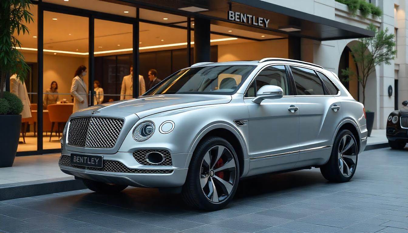 Bentley Bentayga у салона в Дубае, подчеркивающий историю Bentley в 2025 году.