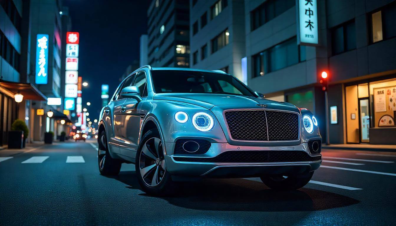 Bentley Bentayga в Токио ночью, подчеркивающий премиальный внедорожник в 2025 году.
