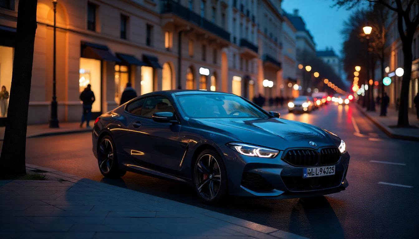 BMW M8 Competition на улице в Париже, подчеркивающий элегантность в 2025 году.