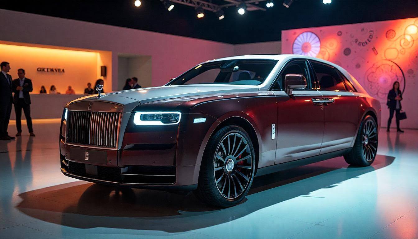 Rolls-Royce Spectre 2024 года на автосалоне, отражающий будущее истории премиальных автомобилей, с белым кузовом.