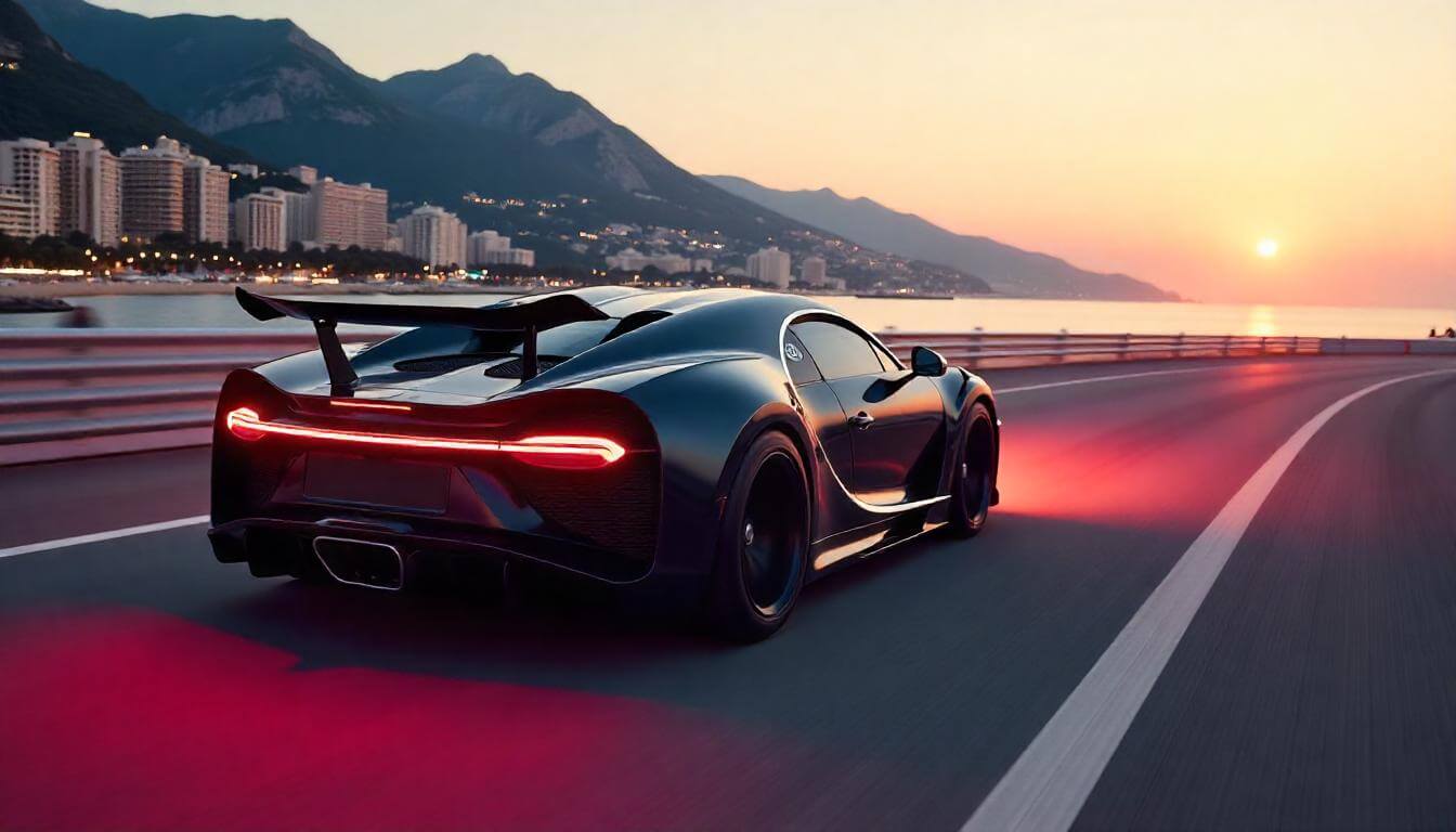 Bugatti Chiron на трассе в Монако, демонстрирующий преимущества премиальных автомобилей в 2025 году.