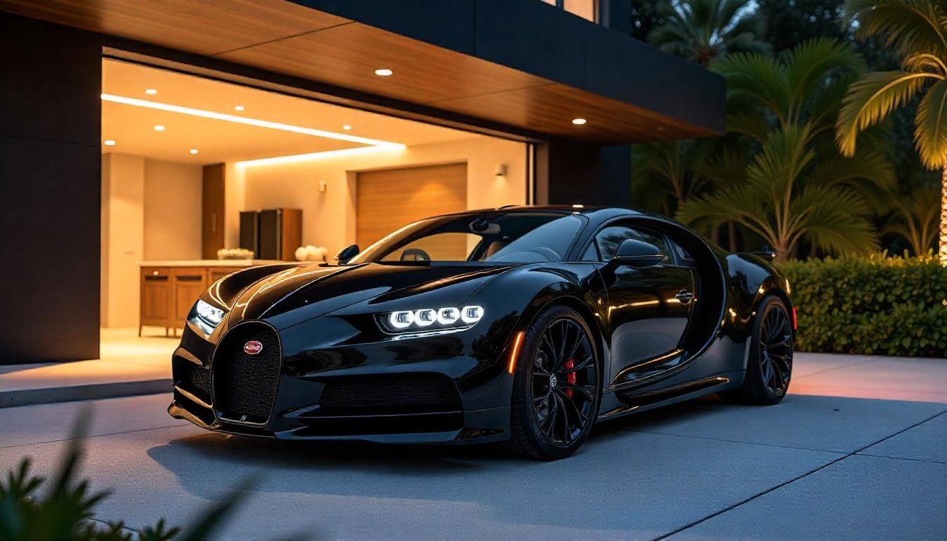 Bugatti Chiron в гараже в Майами, подчеркивающий премиальные автомобили и знаменитости в 2025 году.