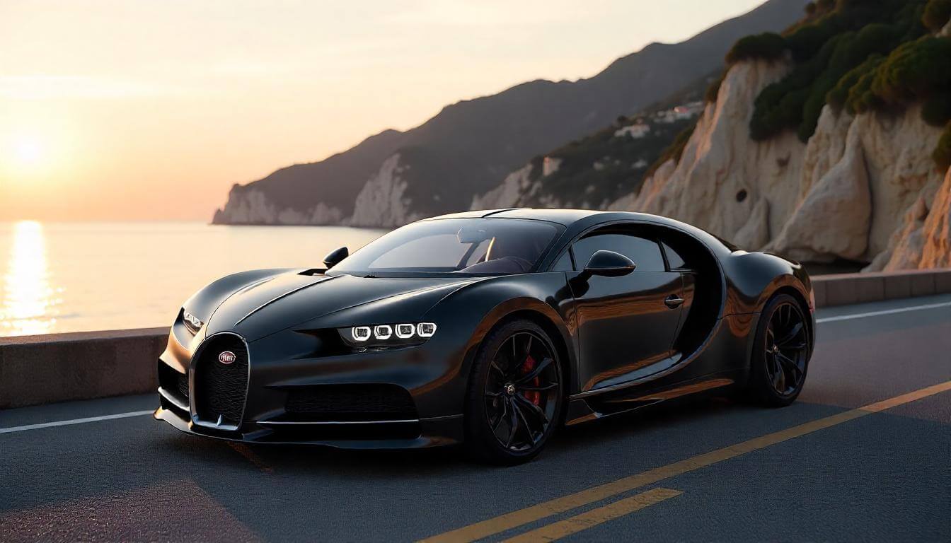 Bugatti La Voiture Noire на побережье Монако, часть топ-10 дорогих премиальных автомобилей 2025 года.