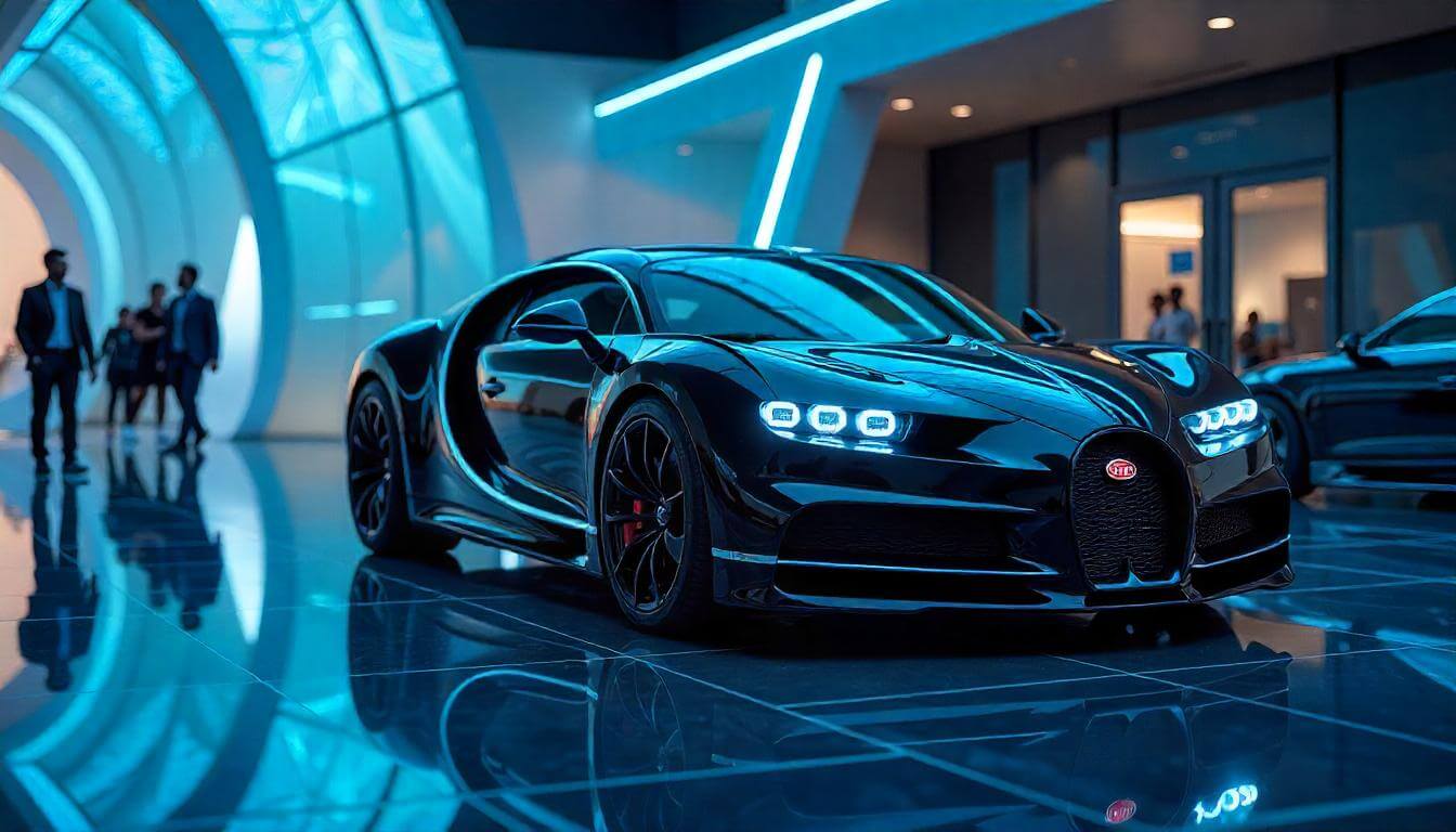Bugatti La Voiture Noire в автосалоне Дубая, подчеркивающий эволюцию дизайна премиальных автомобилей в 2025 году.