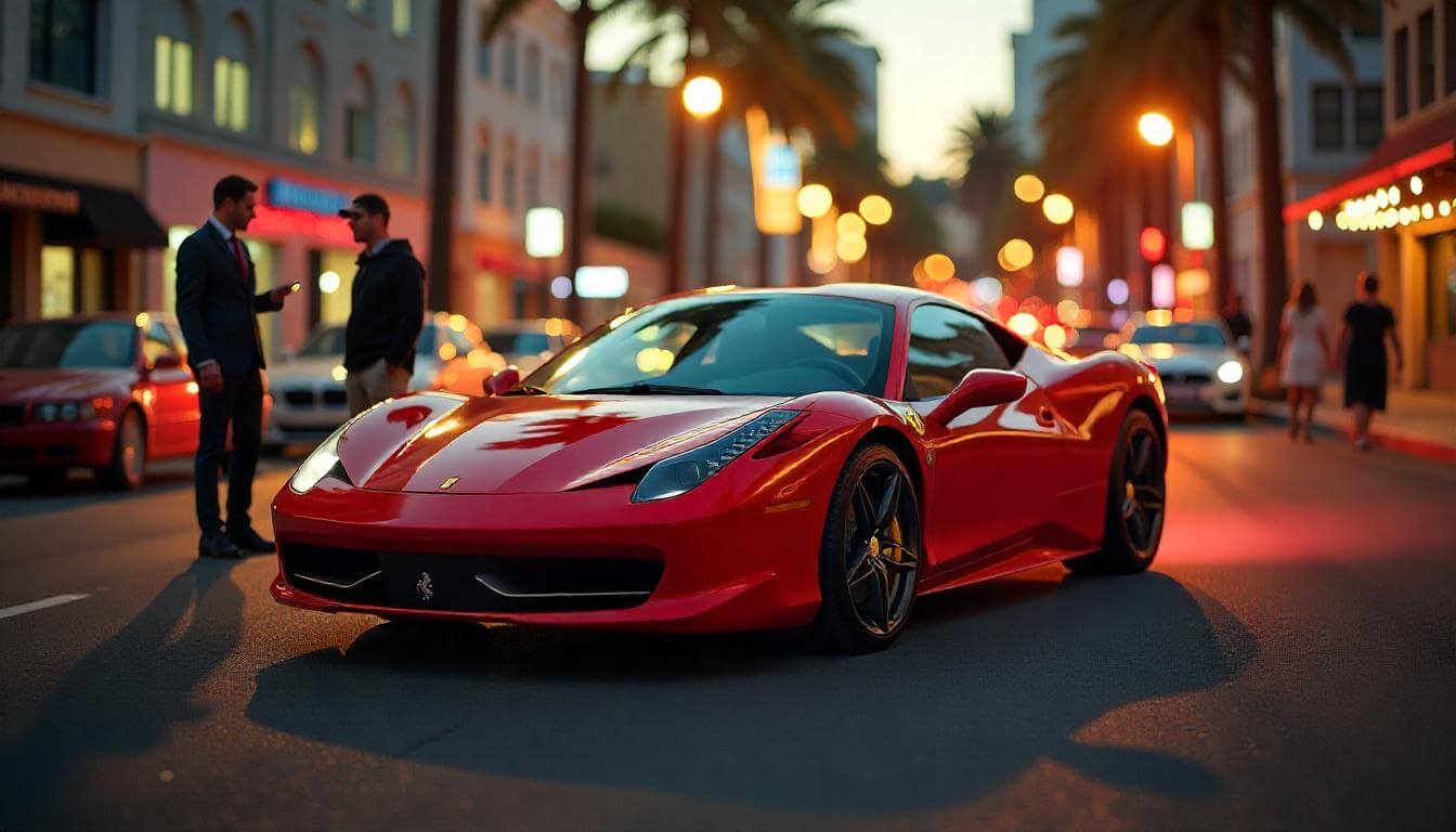 Ferrari 458 Italia на съемках в Лос-Анджелесе, подчеркивающий премиальные автомобили в кино в 2025 году.