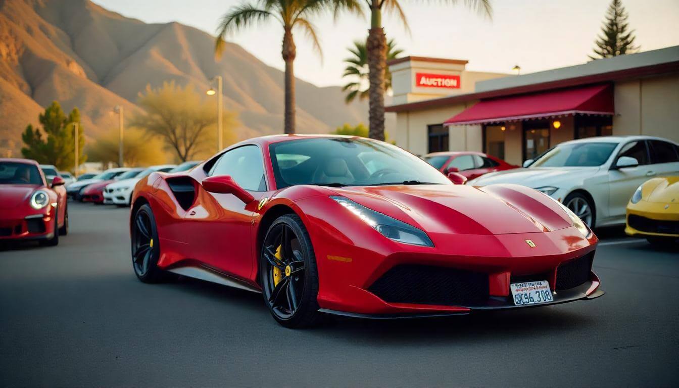 Ferrari 488 GTB на аукционе в Калифорнии, подчеркивающий премиальные автомобили на вторичном рынке в 2025 году.