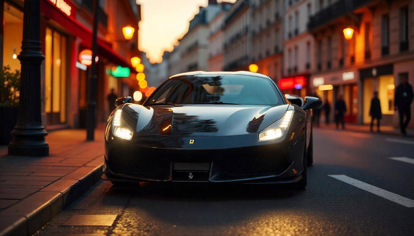 Ferrari 488 Pista на улице в Париже, подчеркивающий суперкар в 2025 году.