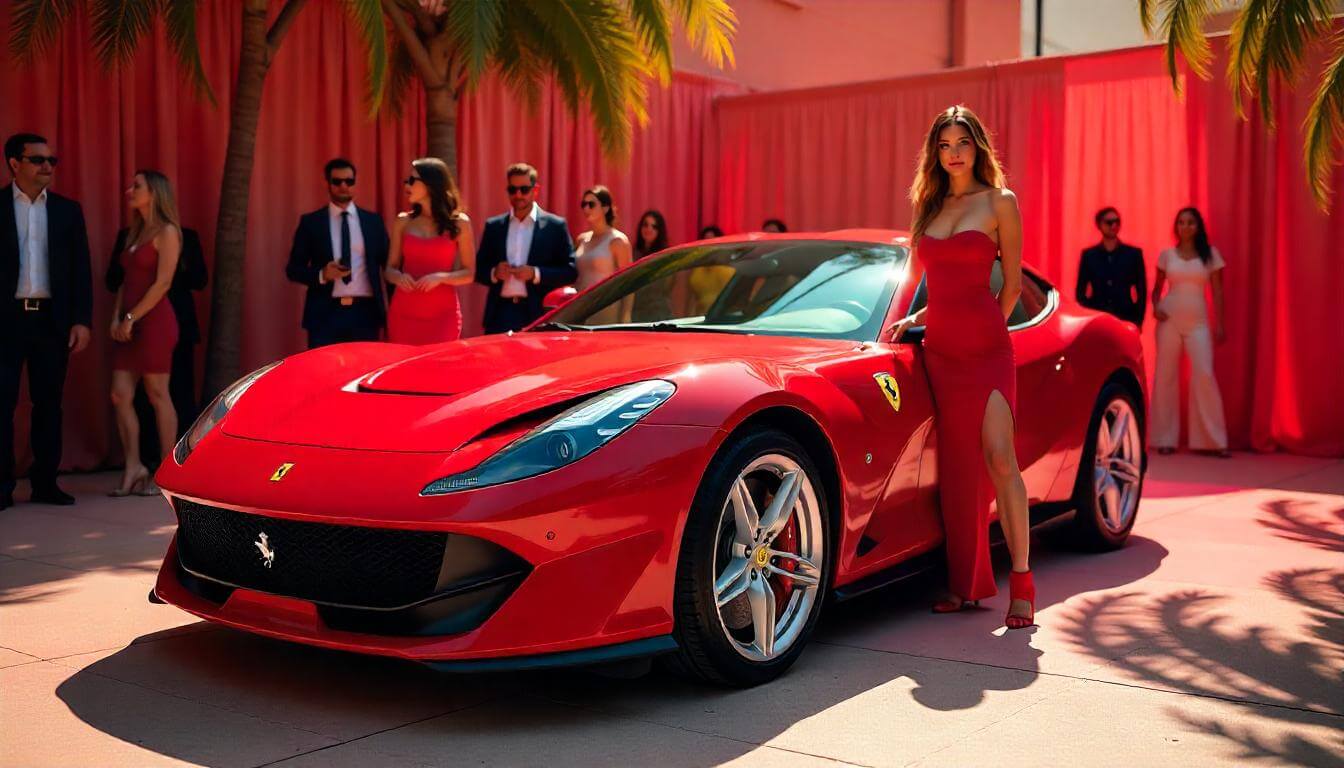 Ferrari 812 Superfast на гала-вечере в Лос-Анджелесе, подчеркивающий премиальные автомобили и статус в 2025 году.