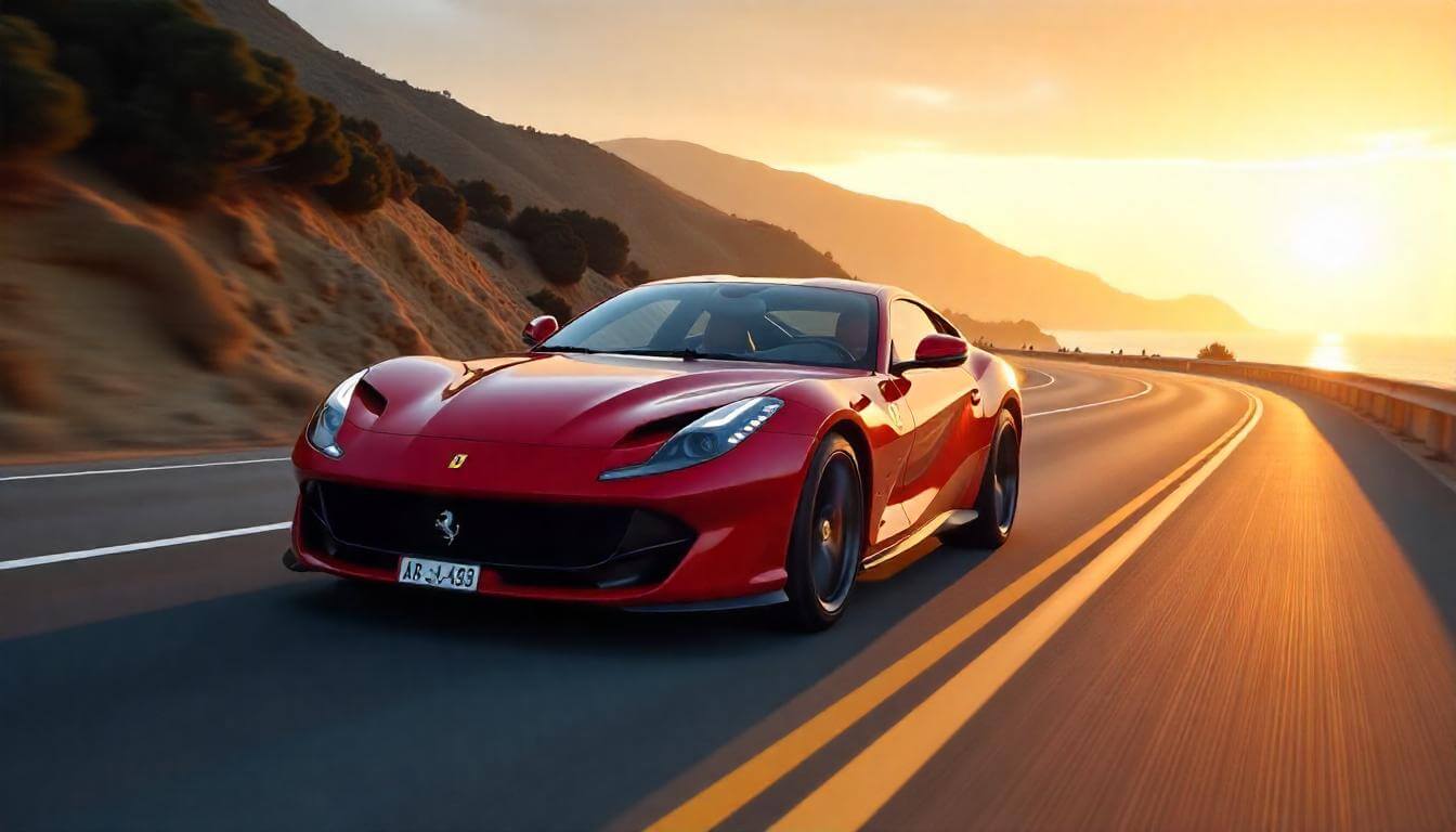 Ferrari 812 Superfast на шоссе в Калифорнии, подчеркивающий сравнение двигателей в премиум-классе в 2025 году.