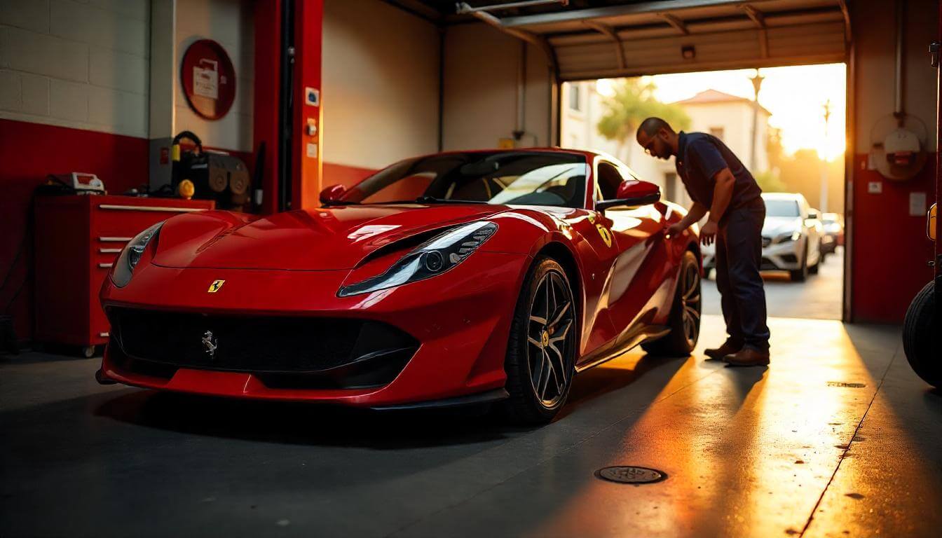 Ferrari 812 Superfast в гараже в Лос-Анджелесе, подчеркивающий обслуживание премиальных автомобилей в 2025 году.