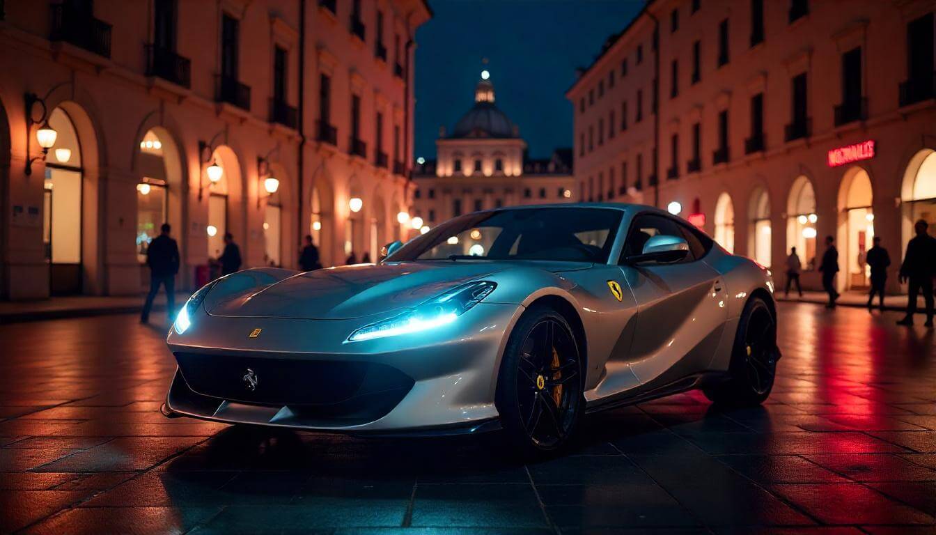 Ferrari Roma на площади в Милане, подчеркивающий изысканный дизайн в 2025 году.