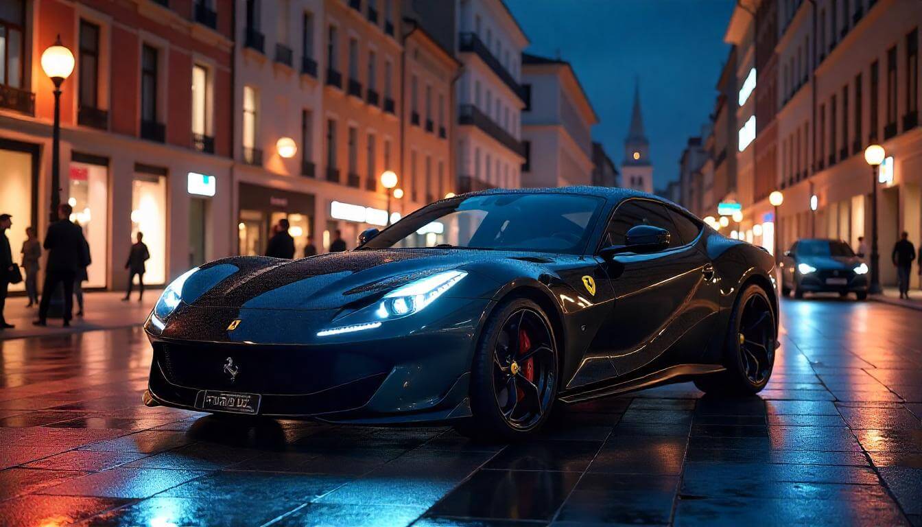 Ferrari SF90 Stradale на площади в Милане, подчеркивающий динамичный спорткар в 2025 году.