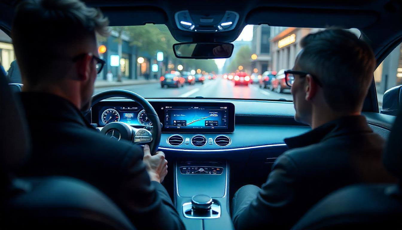 Интерьер Mercedes-Benz EQS на выставке в Берлине, подчеркивающий технологии премиальных автомобилей в 2025 году.