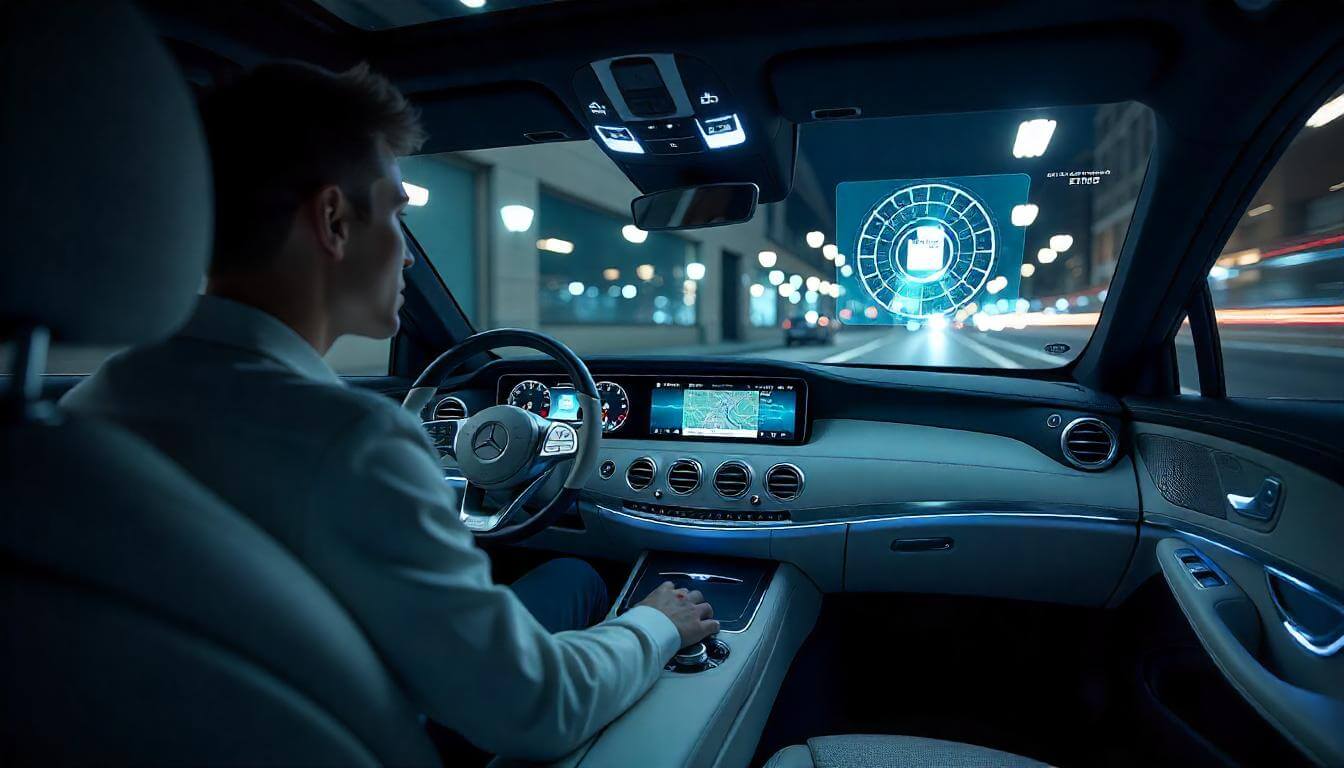 Интерьер Mercedes-Benz S-Class с ИИ, подчеркивающий будущее премиальных автомобилей в 2030 году.