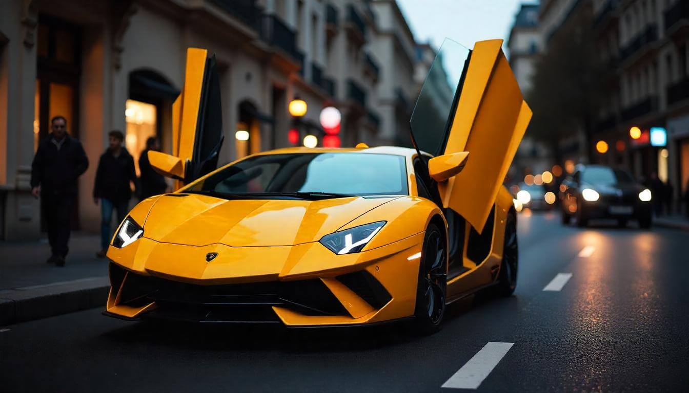Lamborghini Aventador на улице в Париже, подчеркивающий легендарный бык в 2025 году.