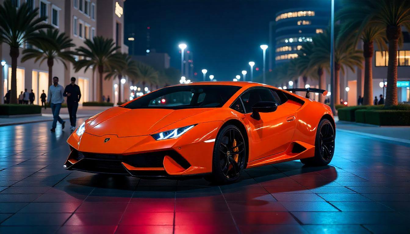 Lamborghini Huracán EVO на площади в Дубае, подчеркивающий страстный автомобиль в 2025 году.