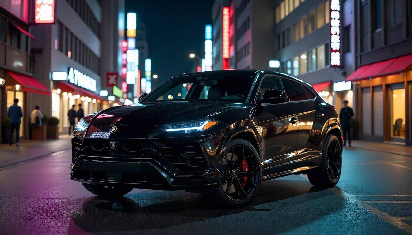 Lamborghini Urus на площади в Токио, подчеркивающий динамичный SUV в 2025 году.