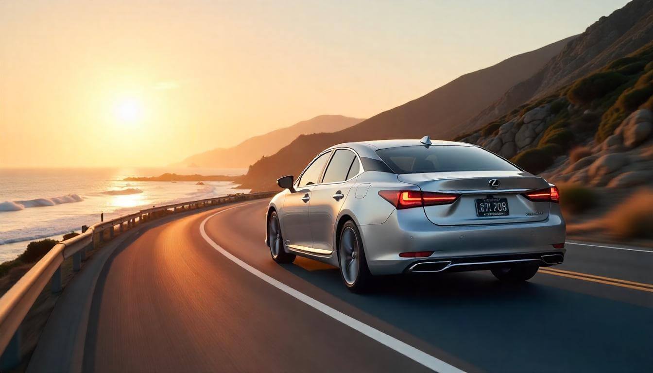 Lexus LS на дороге в Калифорнии, подчеркивающий премиальные автомобили для бизнеса в 2025 году.