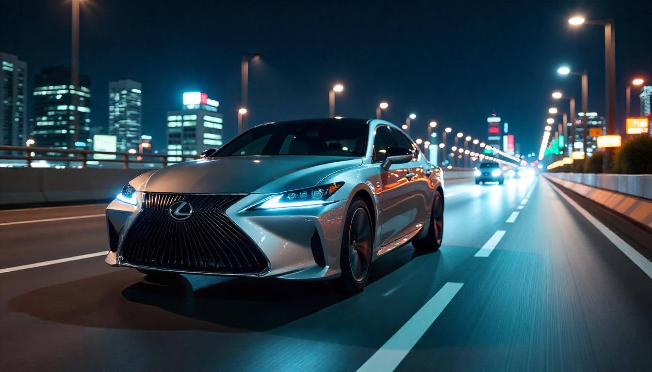 Lexus LS на трассе в Токио, подчеркивающий инновации в премиальных автомобилях в 2025 году.