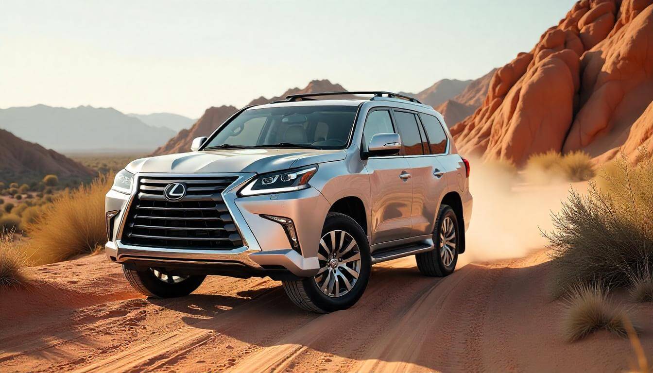 Lexus LX на пустынной трассе в Аризоне, подчеркивающий премиальные внедорожники для бездорожья в 2025 году.