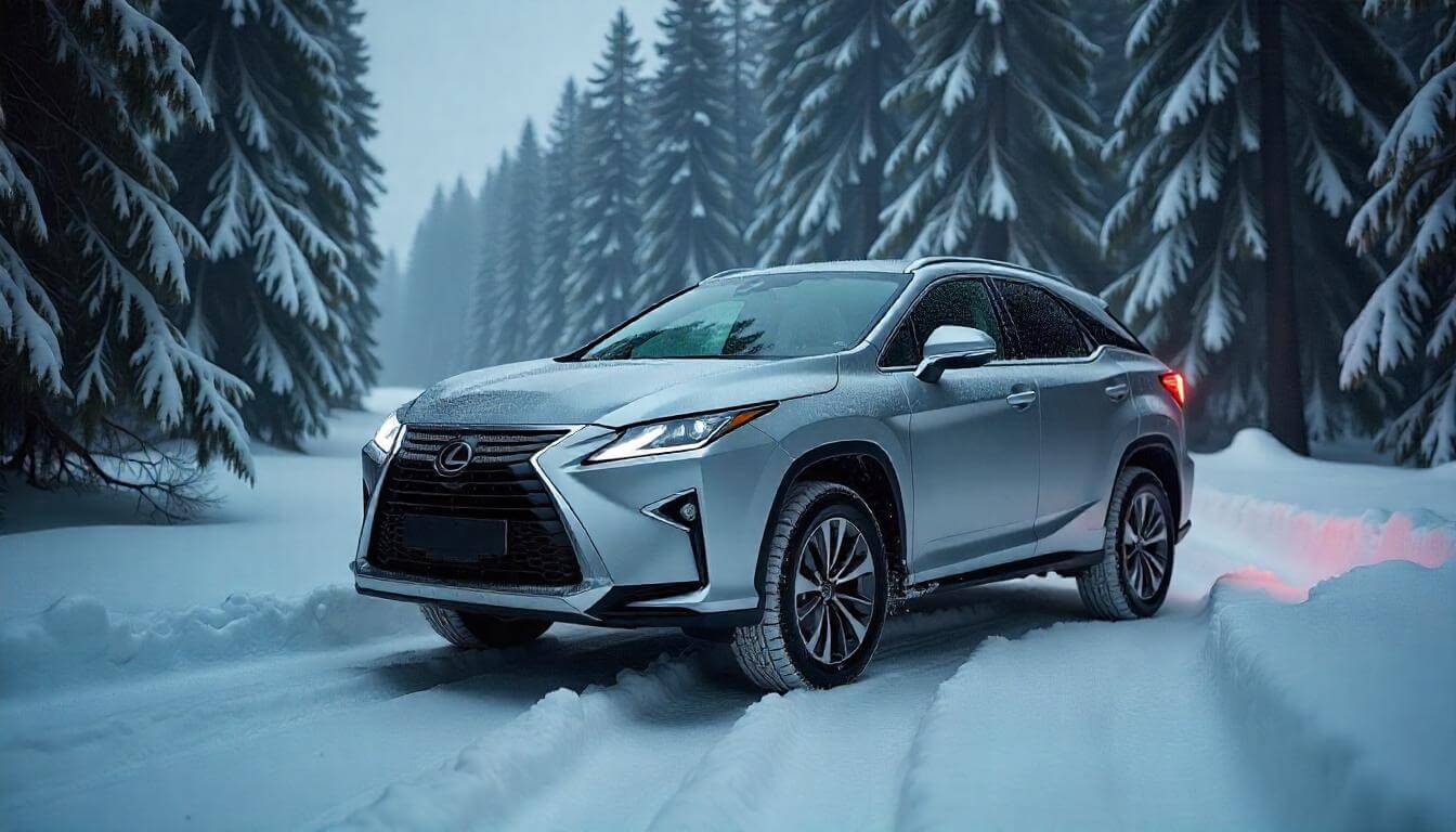 Lexus RX в заснеженном лесу в Сибири, подчеркивающий премиальные автомобили в зимних условиях в 2025 году.
