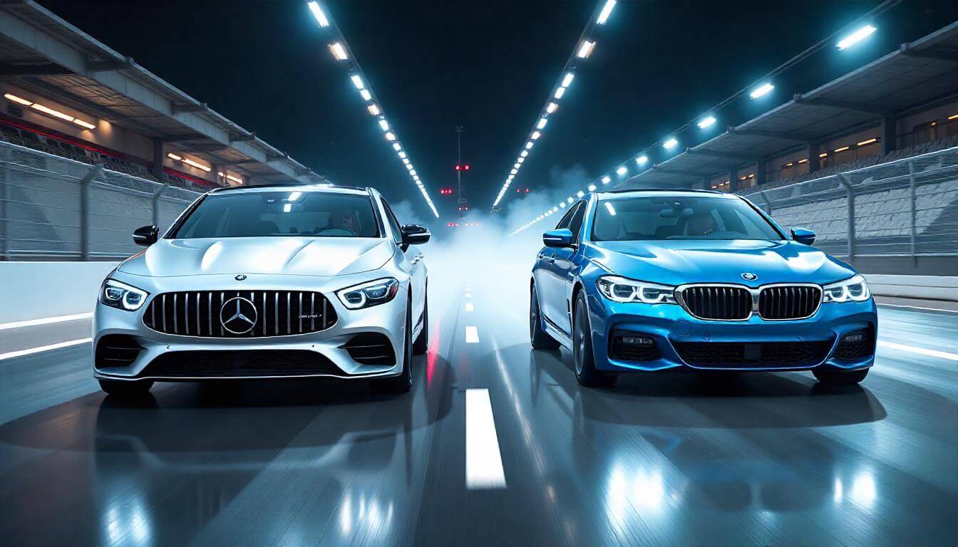Mercedes-Benz EQS и BMW i7 на трассе в Штутгарте, подчеркивающие сравнение Mercedes-Benz против BMW в 2025 году.