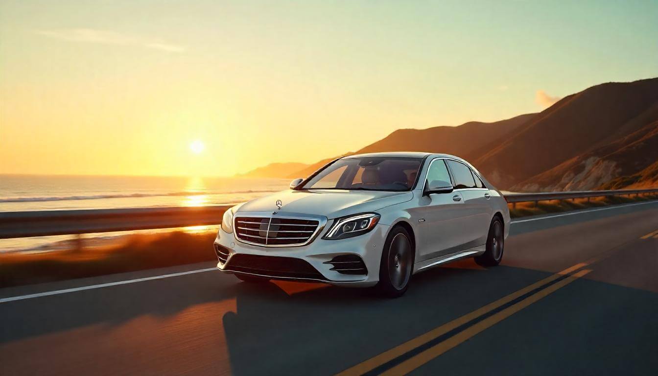 Mercedes-Benz S-Class на шоссе в Калифорнии, подчеркивающий премиальные автомобили для путешествий в 2025 году.