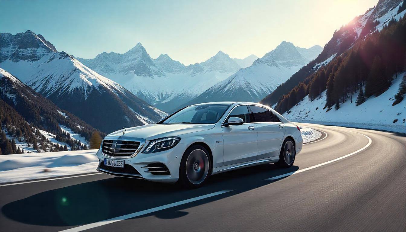 Mercedes-Benz S-Class на тест-драйве в Альпах, подчеркивающий, как выбрать премиальный автомобиль в 2025 году.