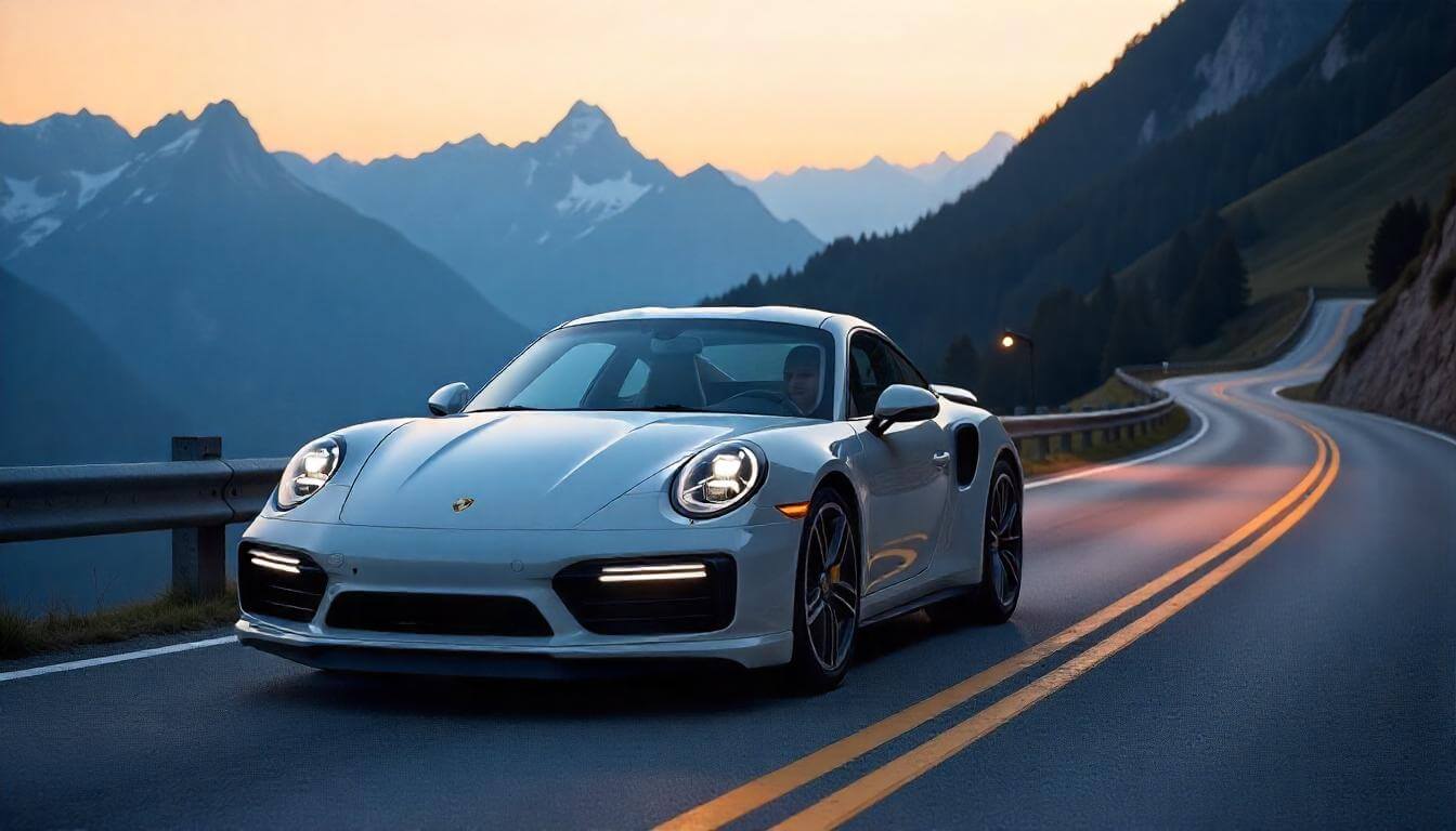 Porsche 911 Turbo S на дороге в Альпах, подчеркивающий культовый спорткар в 2025 году.