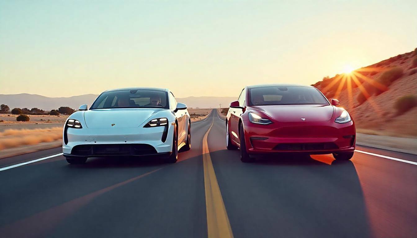 Porsche Taycan Turbo S и Tesla Model X Plaid на трассе в Калифорнии, подчеркивающие премиальные электромобили Tesla против конкурентов в 2025 году.