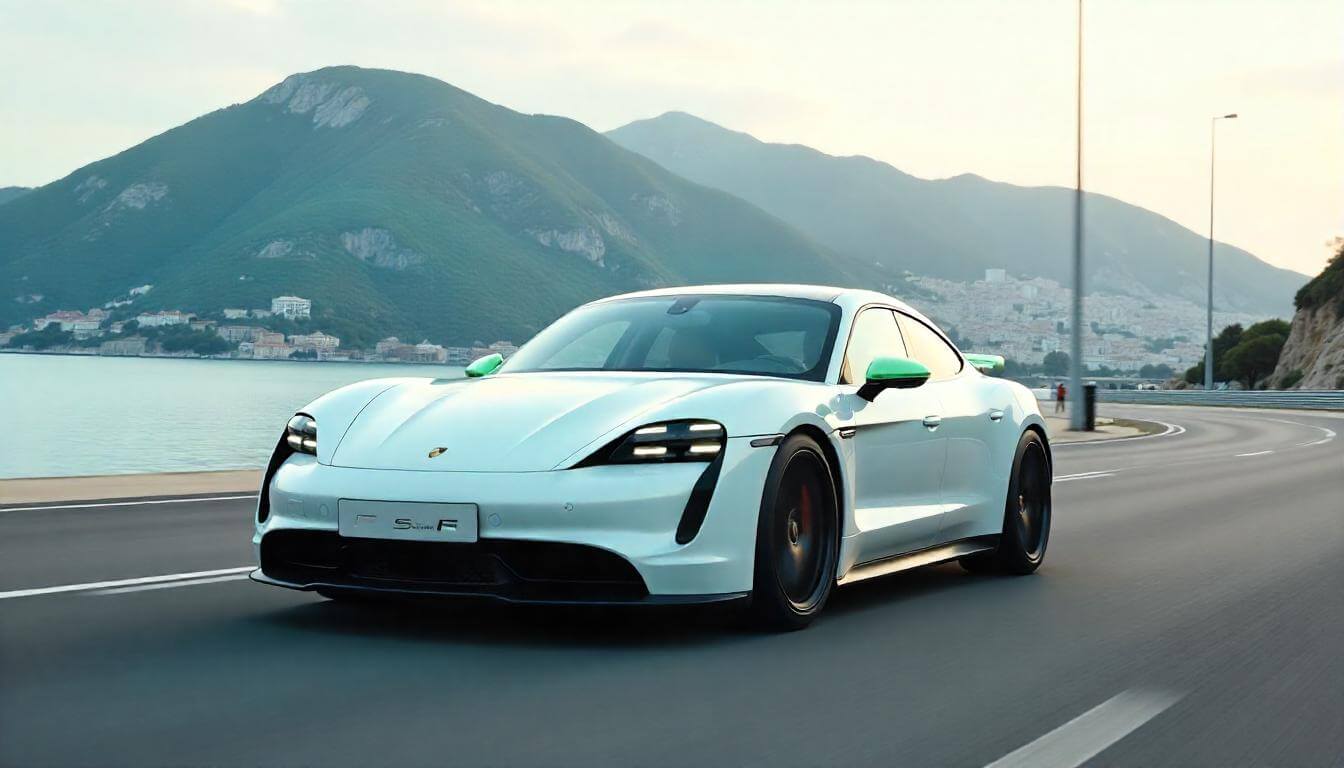 Porsche Taycan Turbo S на гонке в Монако, подчеркивающий премиальные автомобили в автоспорте в 2025 году.
