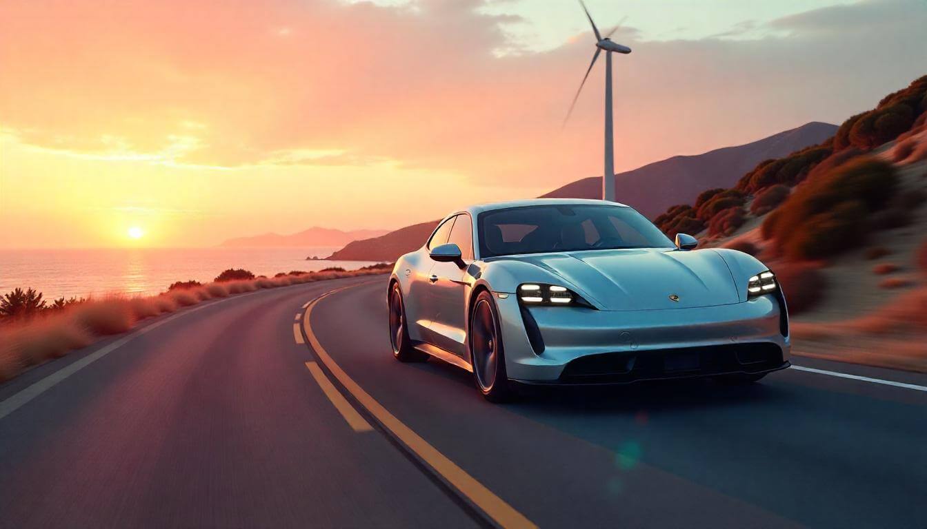 Porsche Taycan Turbo S на побережье Калифорнии, подчеркивающий экологичные премиальные автомобили в 2025 году.