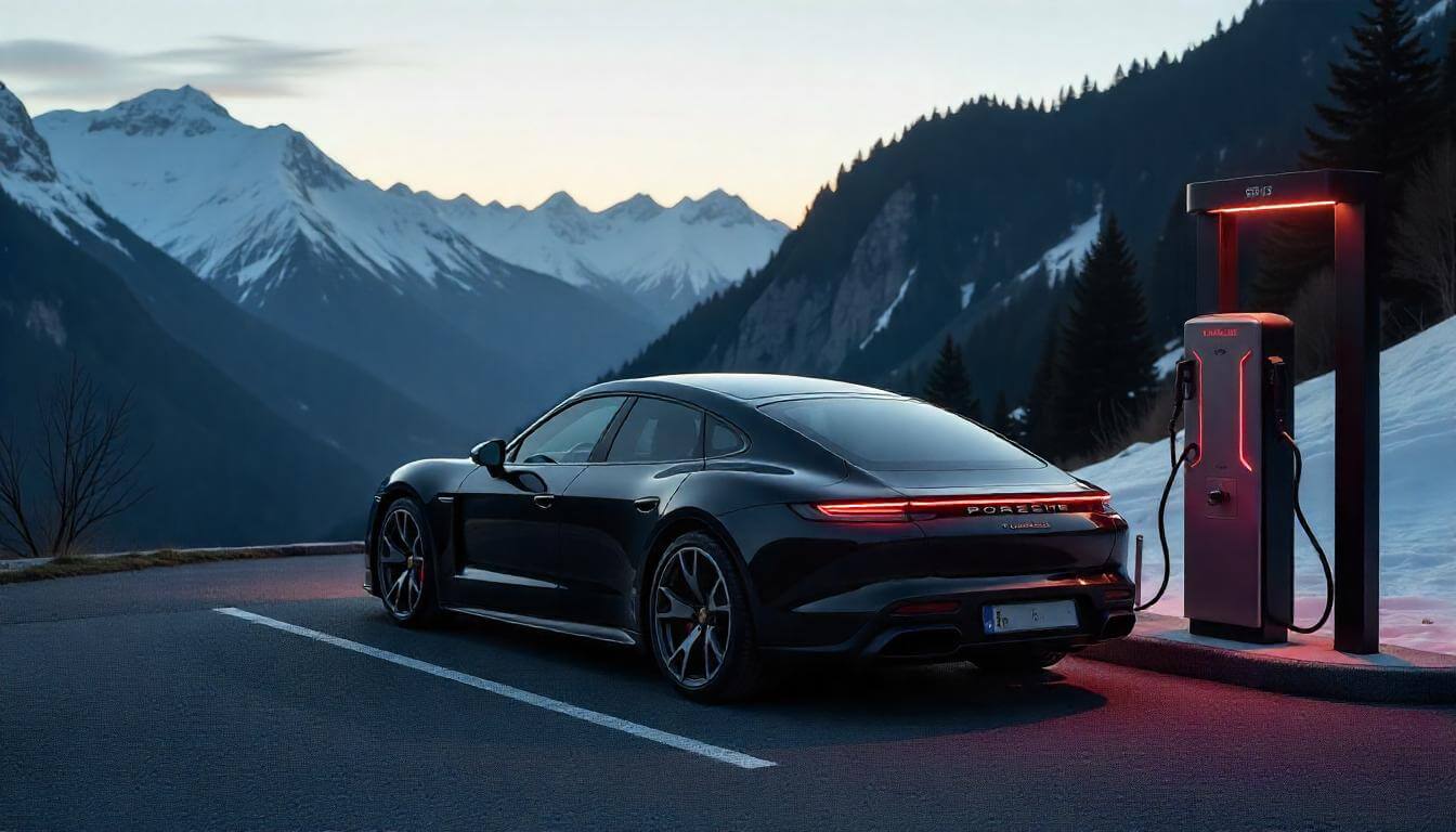 Porsche Taycan Turbo S на зарядке в Швейцарии, подчеркивающий электрокар в 2025 году.