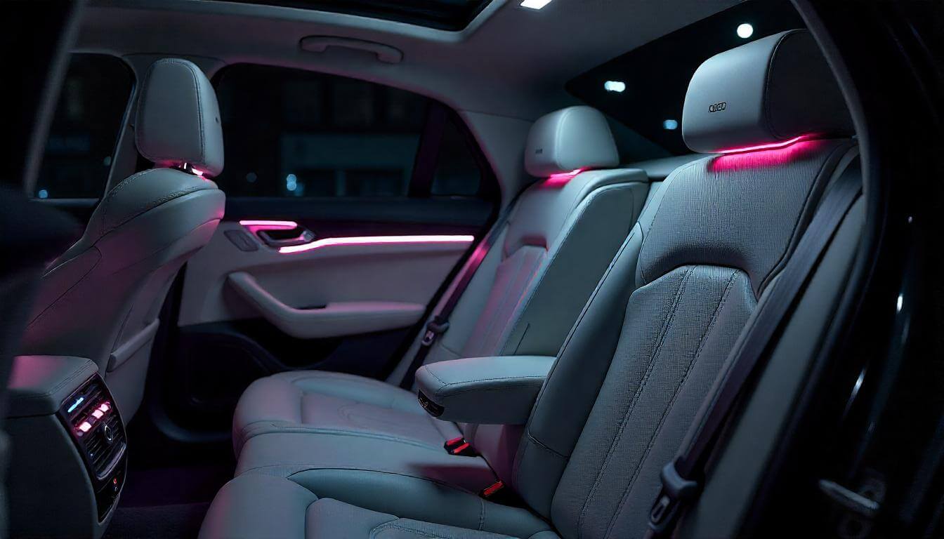 Салон Audi A8 L ночью, подчеркивающий деловой комфорт в 2025 году.