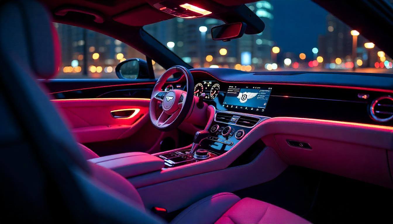 Салон Bentley Continental GT ночью, подчеркивающий люксовый купе в 2025 году.