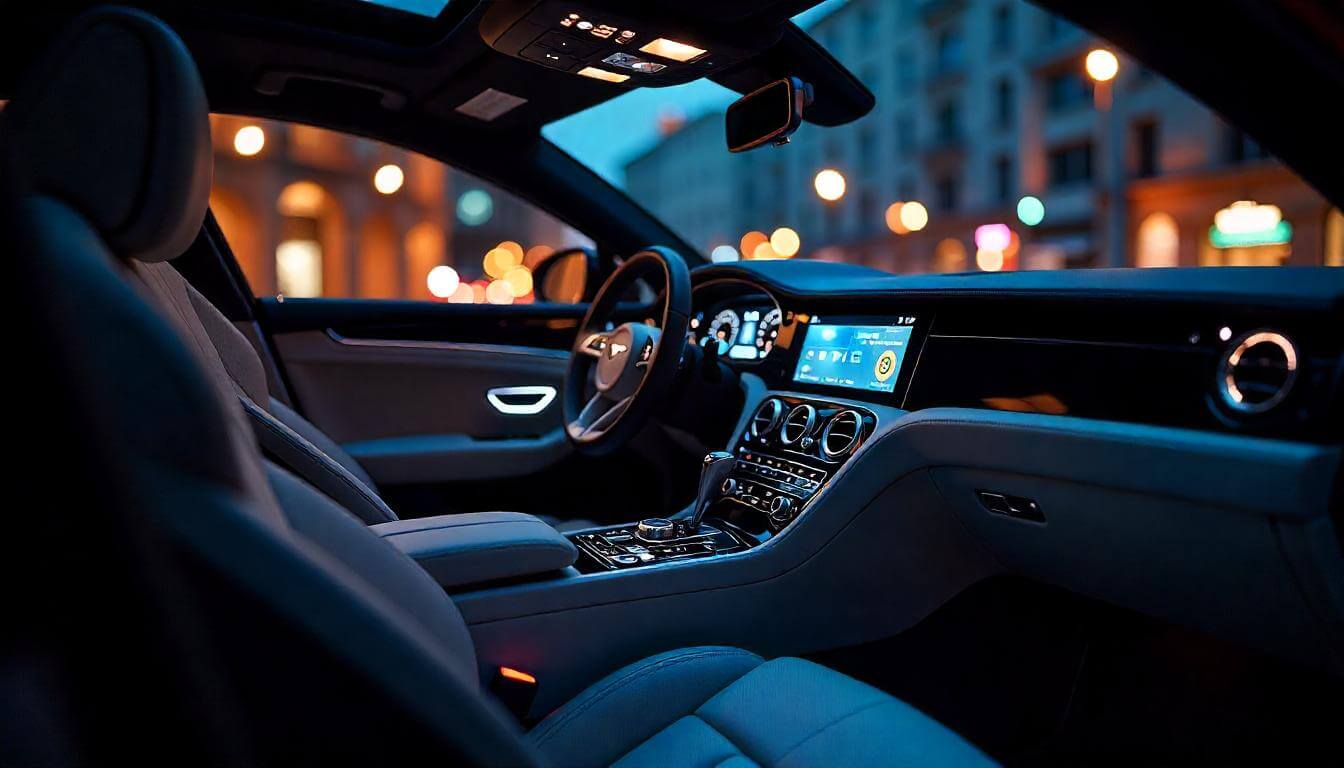 Салон Bentley Flying Spur ночью, подчеркивающий комфортный автомобиль в 2025 году.
