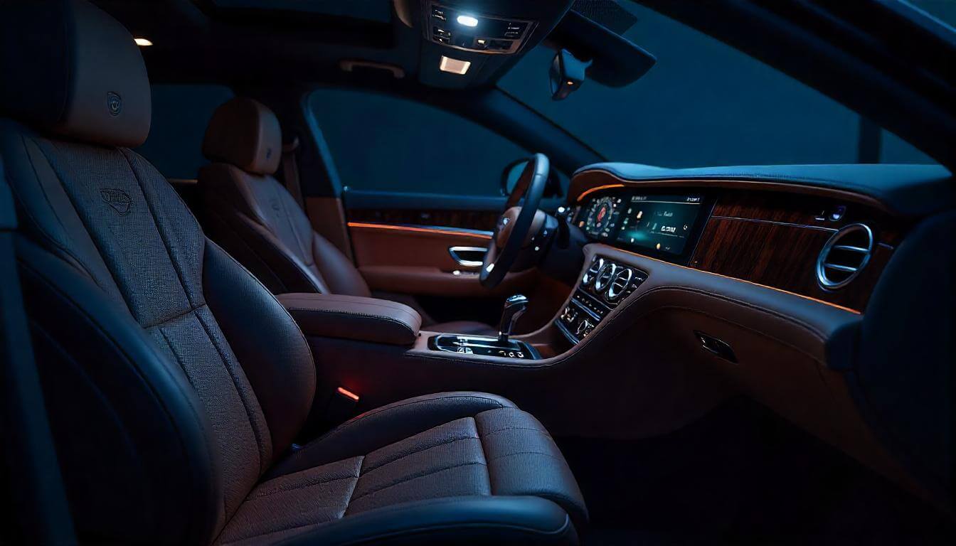 Салон Bentley Mulsanne ночью, подчеркивающий роскошь в 2020 году.