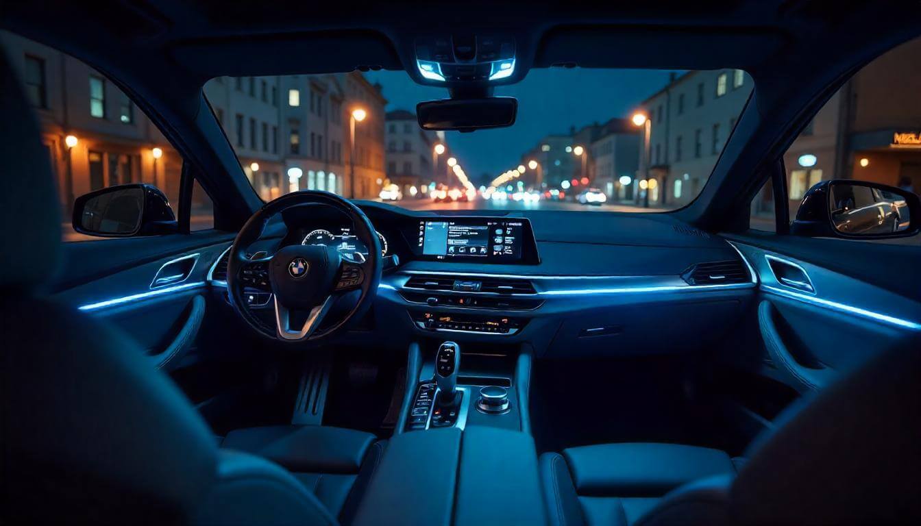 Салон BMW i7 ночью, подчеркивающий инновационный электрокар в 2025 году.