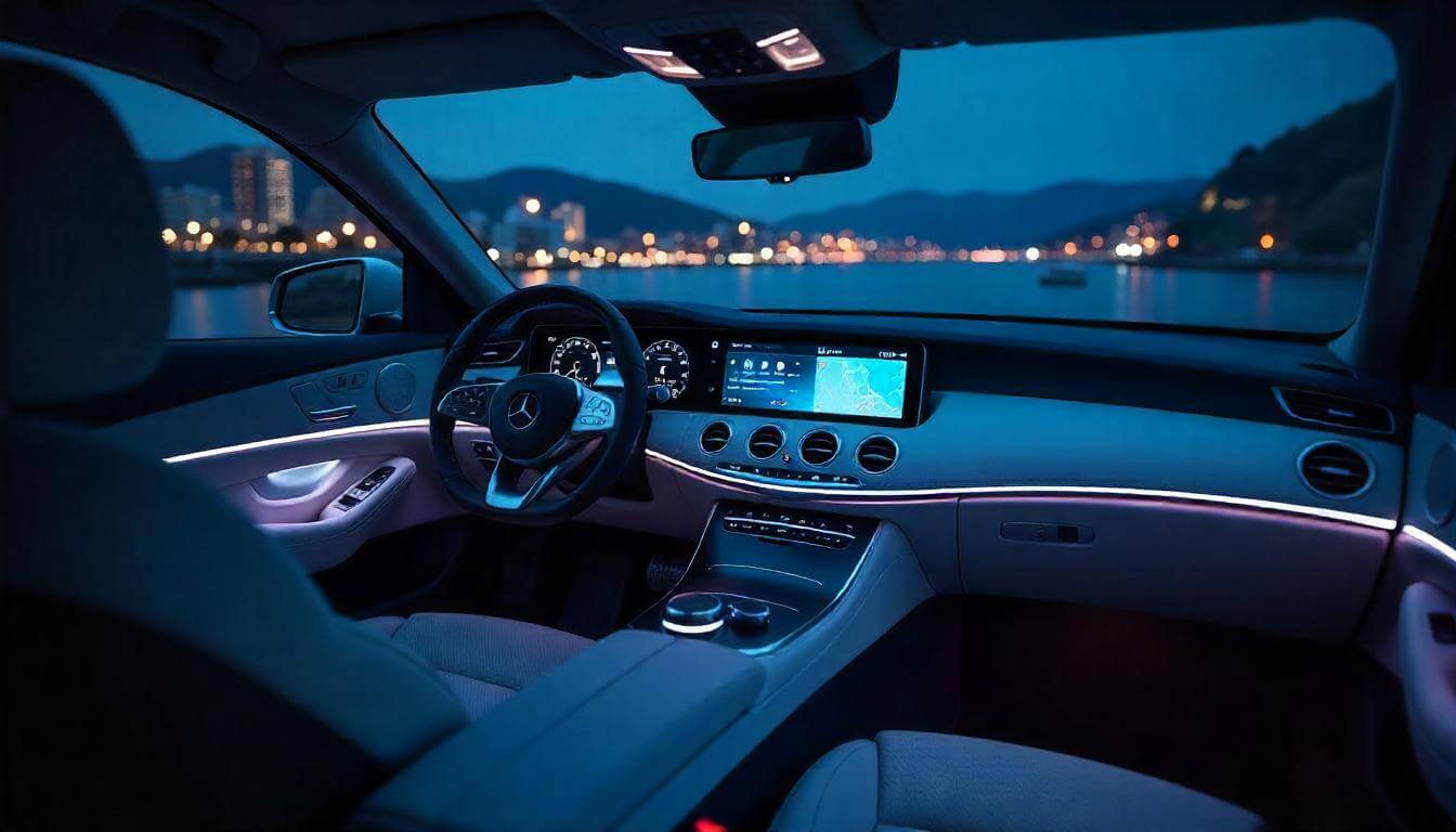 Салон Mercedes-Benz EQS ночью, подчеркивающий инновационный электрокар в 2025 году.